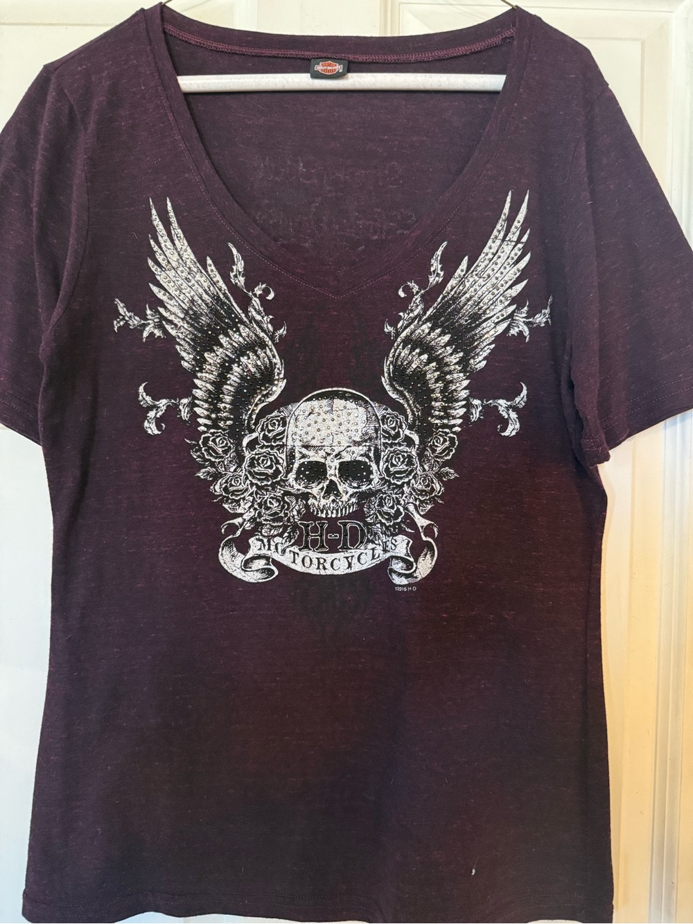 Harley-Davidson Burgundy V-Neck Tee with Skull & Wings Graphic